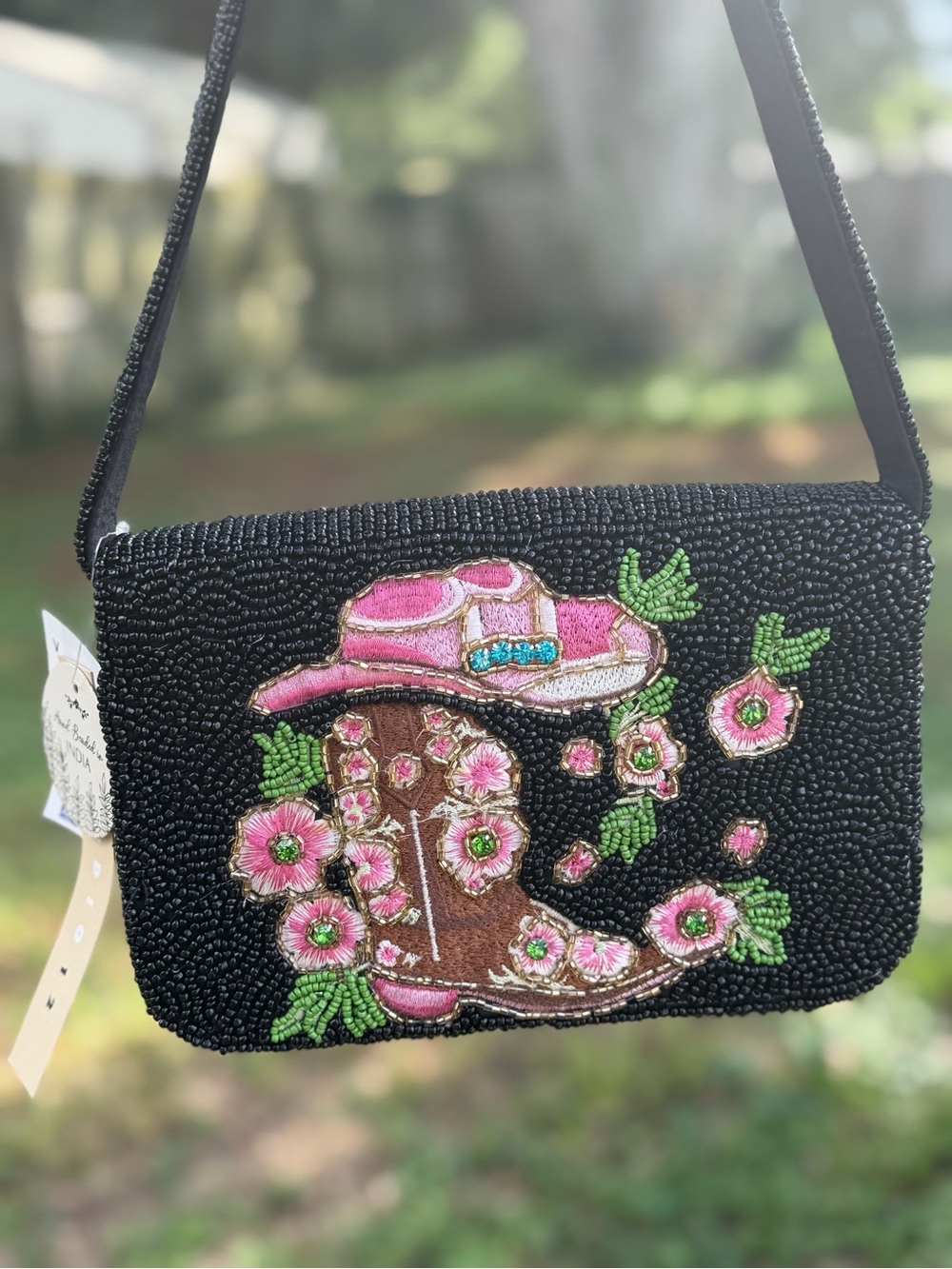 Ross Beaded Black Crossbody with Pink Floral Cowboy Boot Embroidery